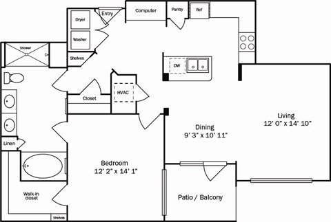 A floor plan of a living space with a bedroom, bathroom, and kitchen.